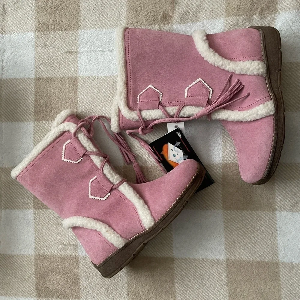 Lands' End G Faux Sherling with Tassels Pink Kids Boots with Cream Accents Girl